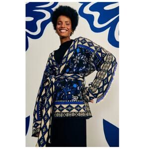 FARM RIO Macaw Forest Tie-belt Beaded Cardigan Size Small